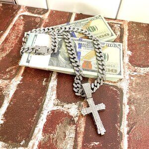 Iced Out Cuban Link Chain with Zirconia Cross Pendant - 24"